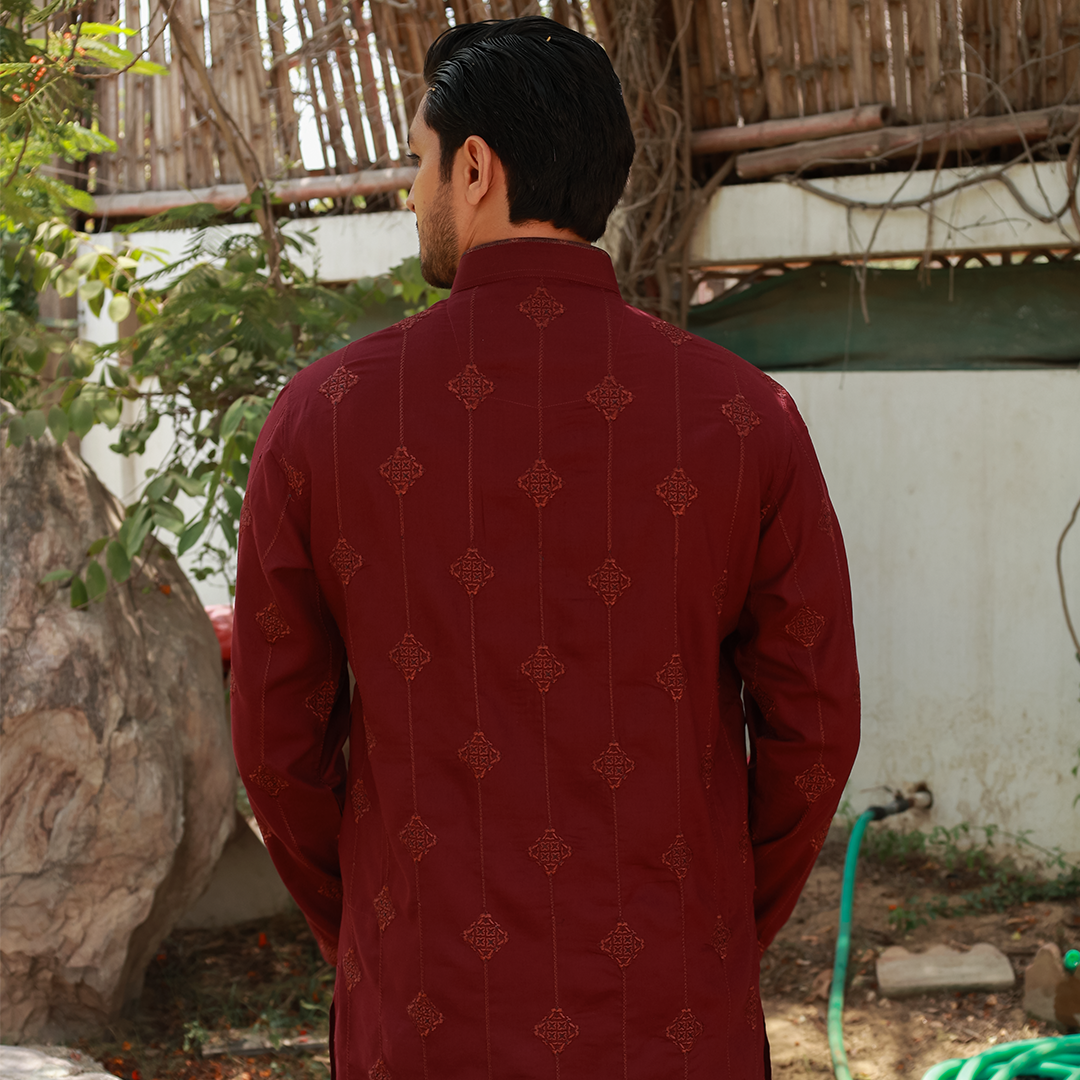 Men's Maroon Poly Viscose Embroidered Kurta