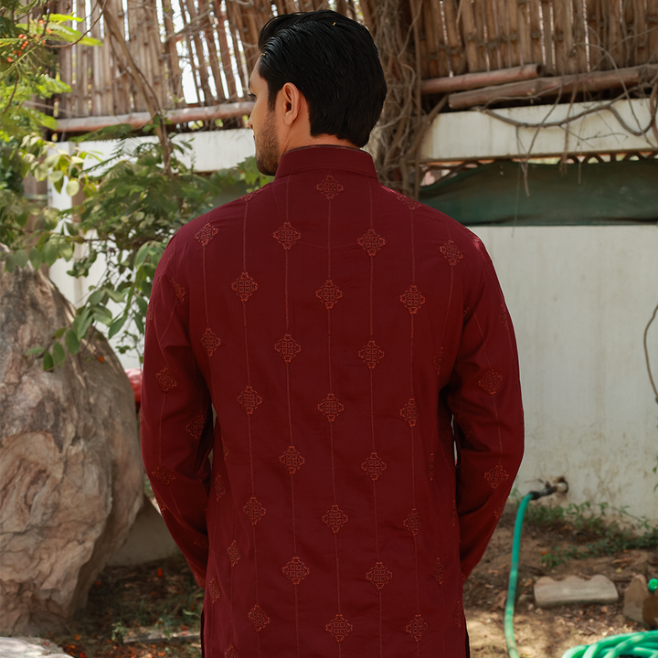Men's Maroon Poly Viscose Embroidered Kurta
