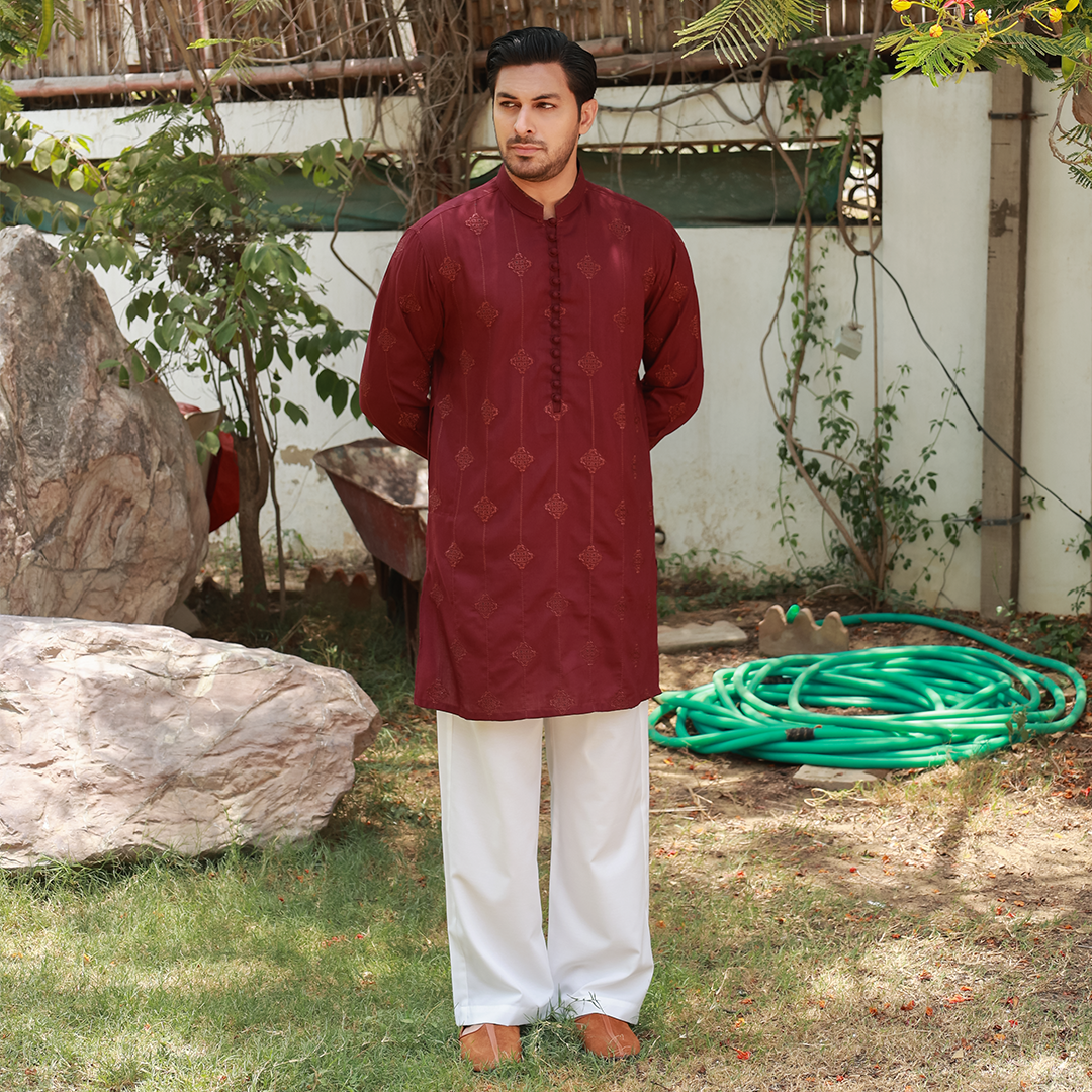 Men's Maroon Poly Viscose Embroidered Kurta
