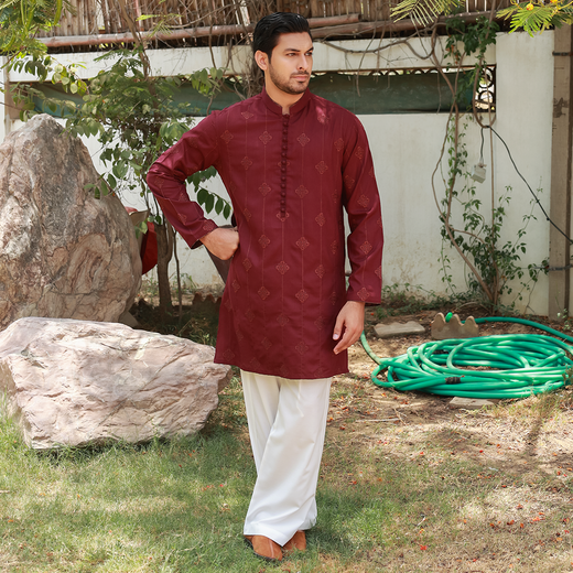 Men's Maroon Poly Viscose Embroidered Kurta