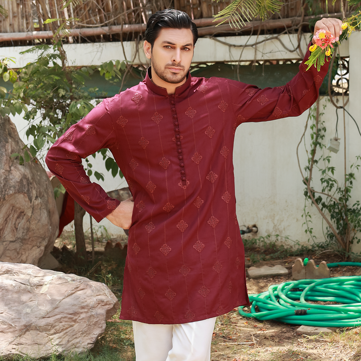 Men's Maroon Poly Viscose Embroidered Kurta