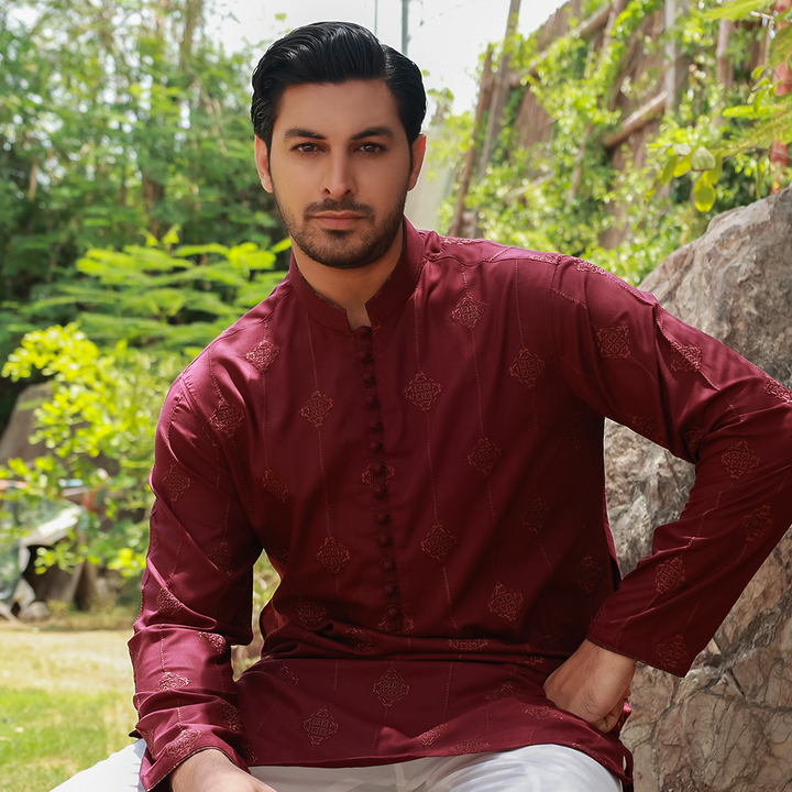 Men's Maroon Poly Viscose Embroidered Kurta
