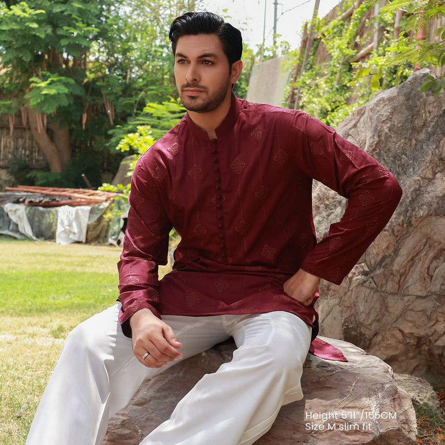 Men's Maroon Poly Viscose Embroidered Kurta