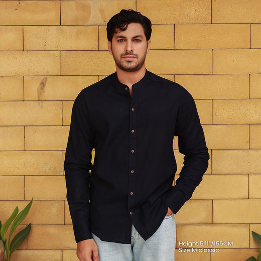 Men's Navy Blue Linen Plain Shirt