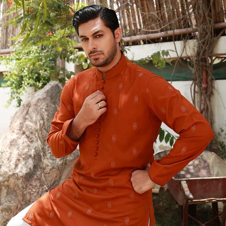 Men's Rust Poly Viscose Embroidered Kurta