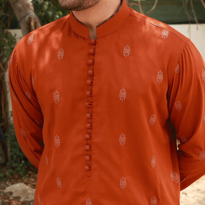 Men's Rust Poly Viscose Embroidered Kurta
