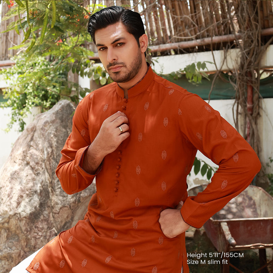 Men's Rust Poly Viscose Embroidered Kurta