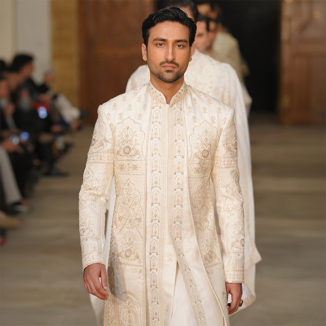 Off-White Square Cut Panel Satin Sherwani With Cut Dana Embroidery