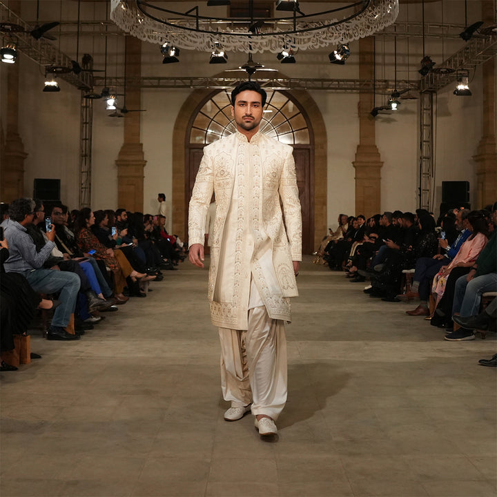 Off-White Square Cut Panel Satin Sherwani With Cut Dana Embroidery