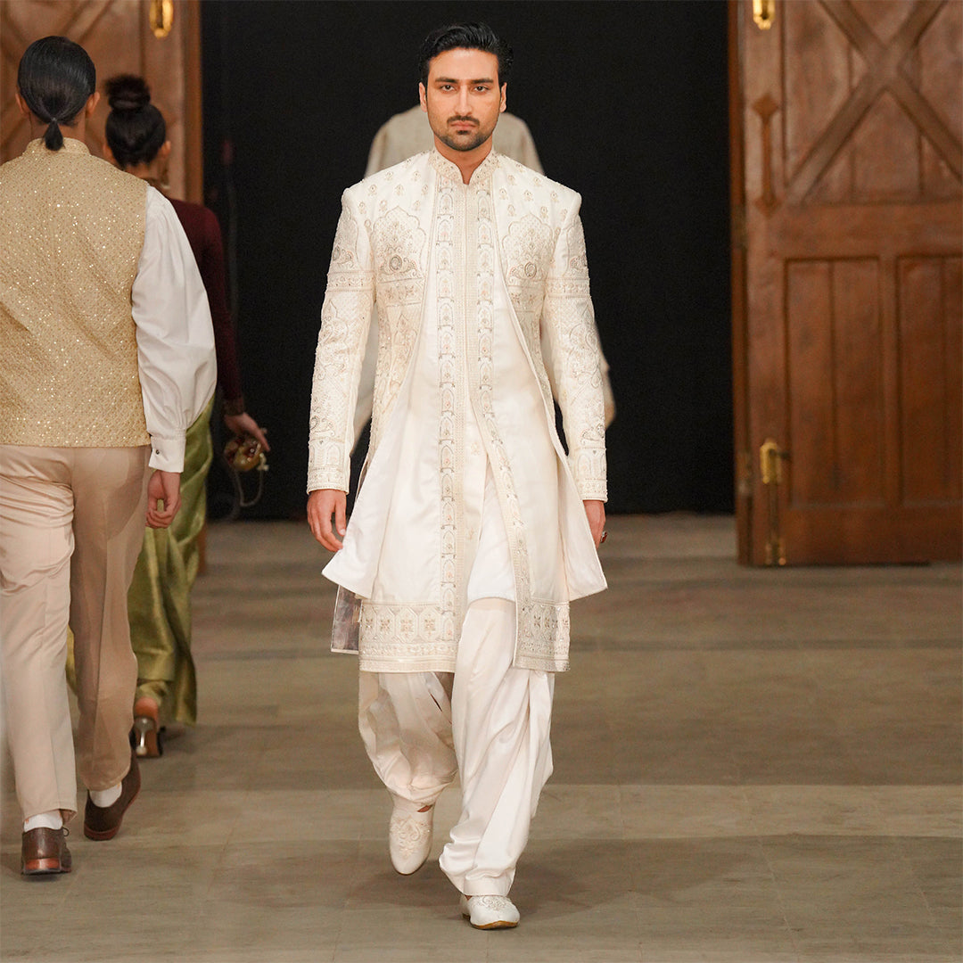 Off-White Square Cut Panel Satin Sherwani With Cut Dana Embroidery