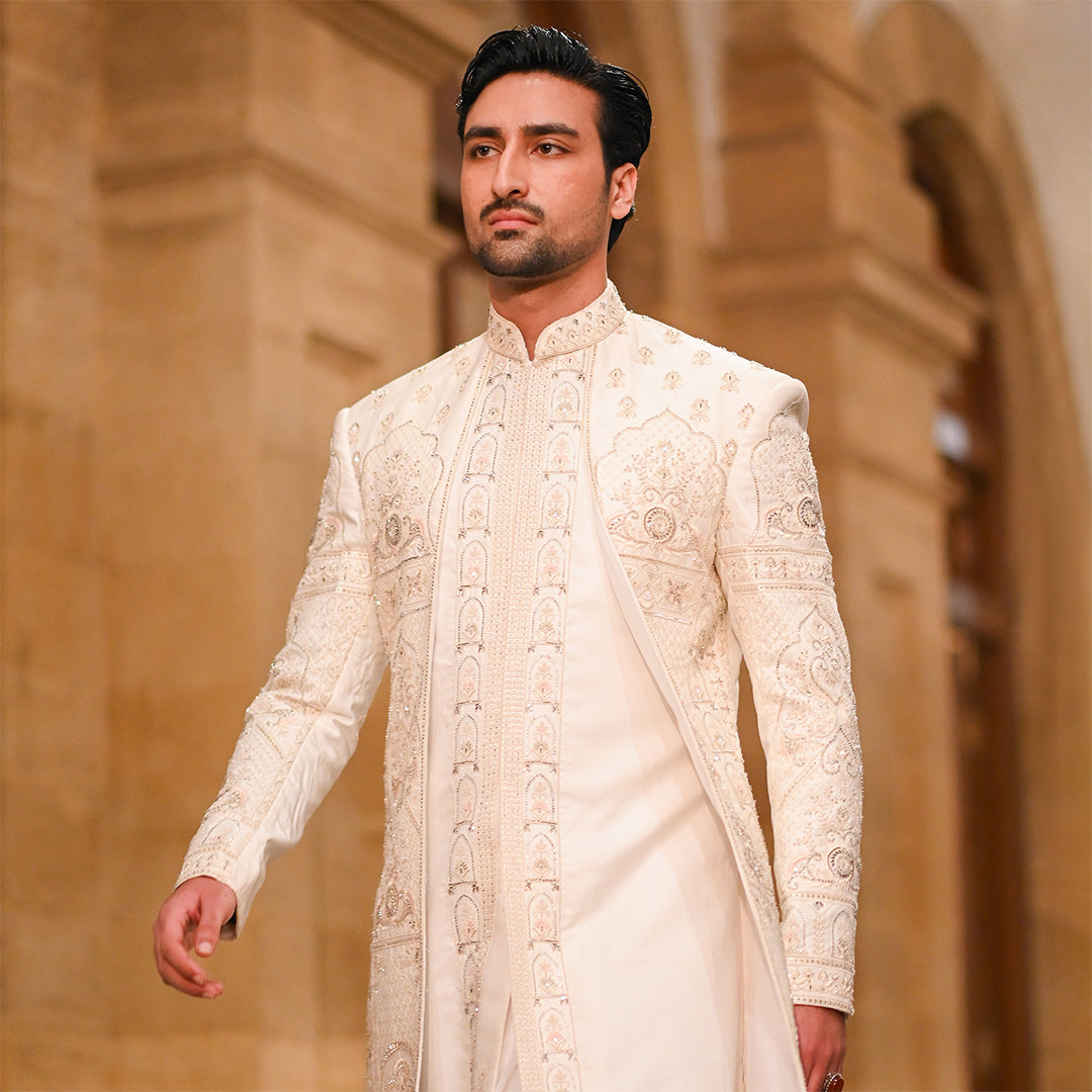 Off-White Square Cut Panel Satin Sherwani With Cut Dana Embroidery