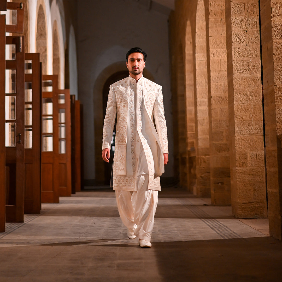 Off-White Square Cut Panel Satin Sherwani With Cut Dana Embroidery