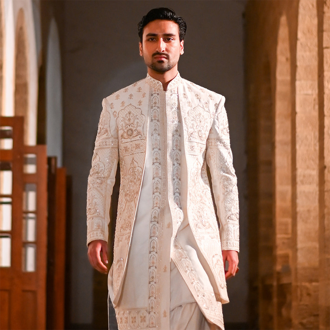 Off-White Square Cut Panel Satin Sherwani With Cut Dana Embroidery