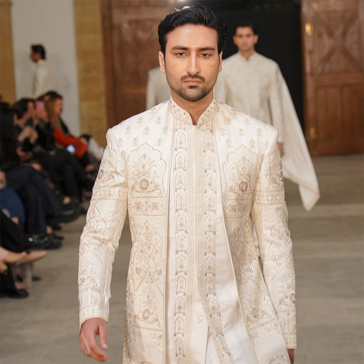 Off-White Square Cut Panel Satin Sherwani With Cut Dana Embroidery