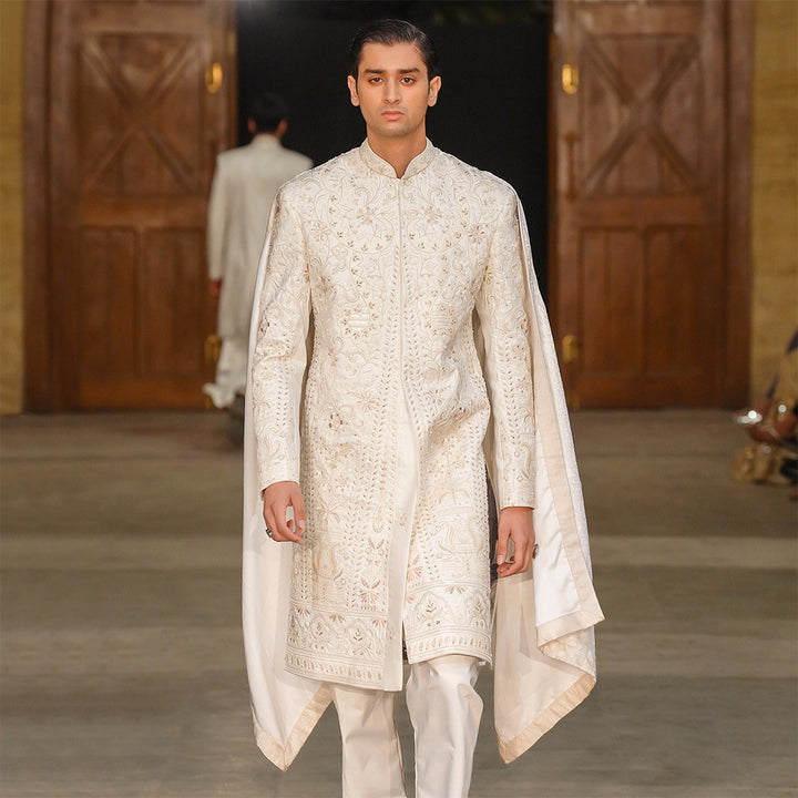 Off-white satin sherwani with cut-dana hand embroidery