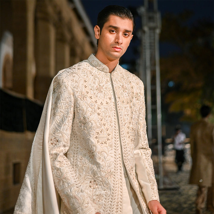 Off-white satin sherwani with cut-dana hand embroidery