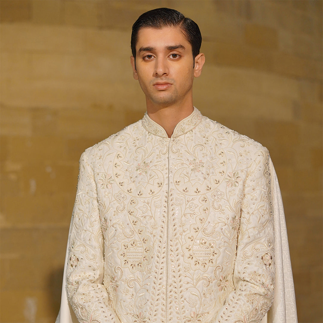 Off-white satin sherwani with cut-dana hand embroidery