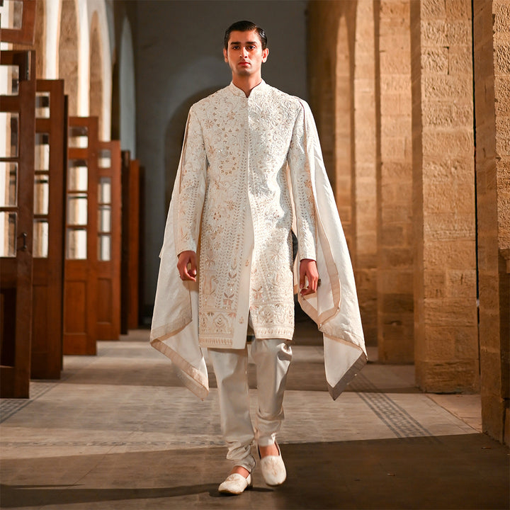 Off-white satin sherwani with cut-dana hand embroidery
