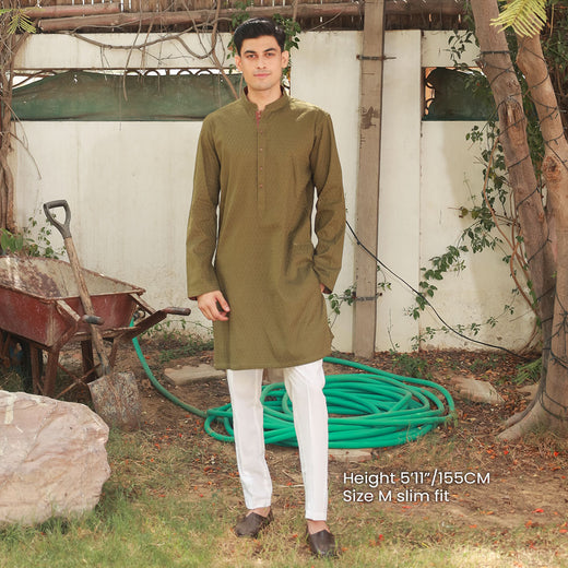 Olive Green Schiffli Cotton Slim Fit Kurta