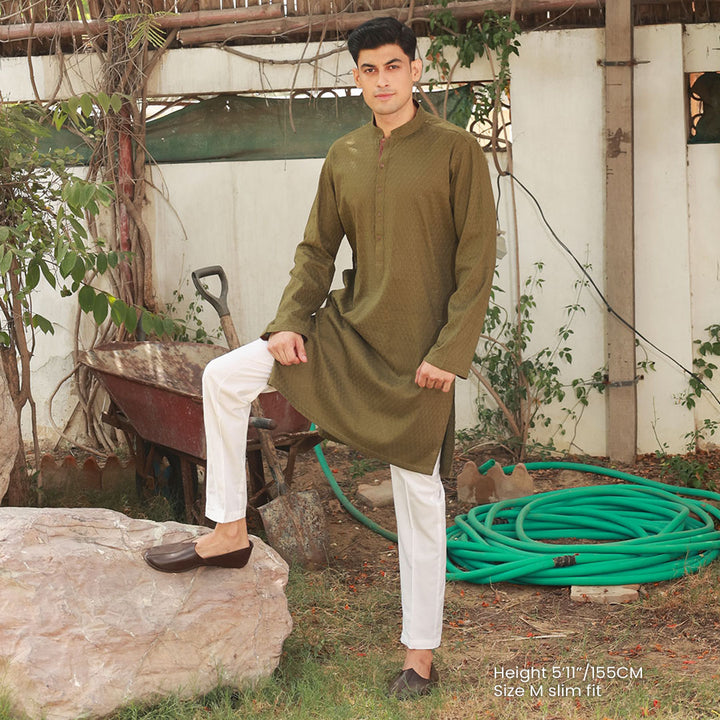 Olive Green Schiffli Cotton Slim Fit Kurta