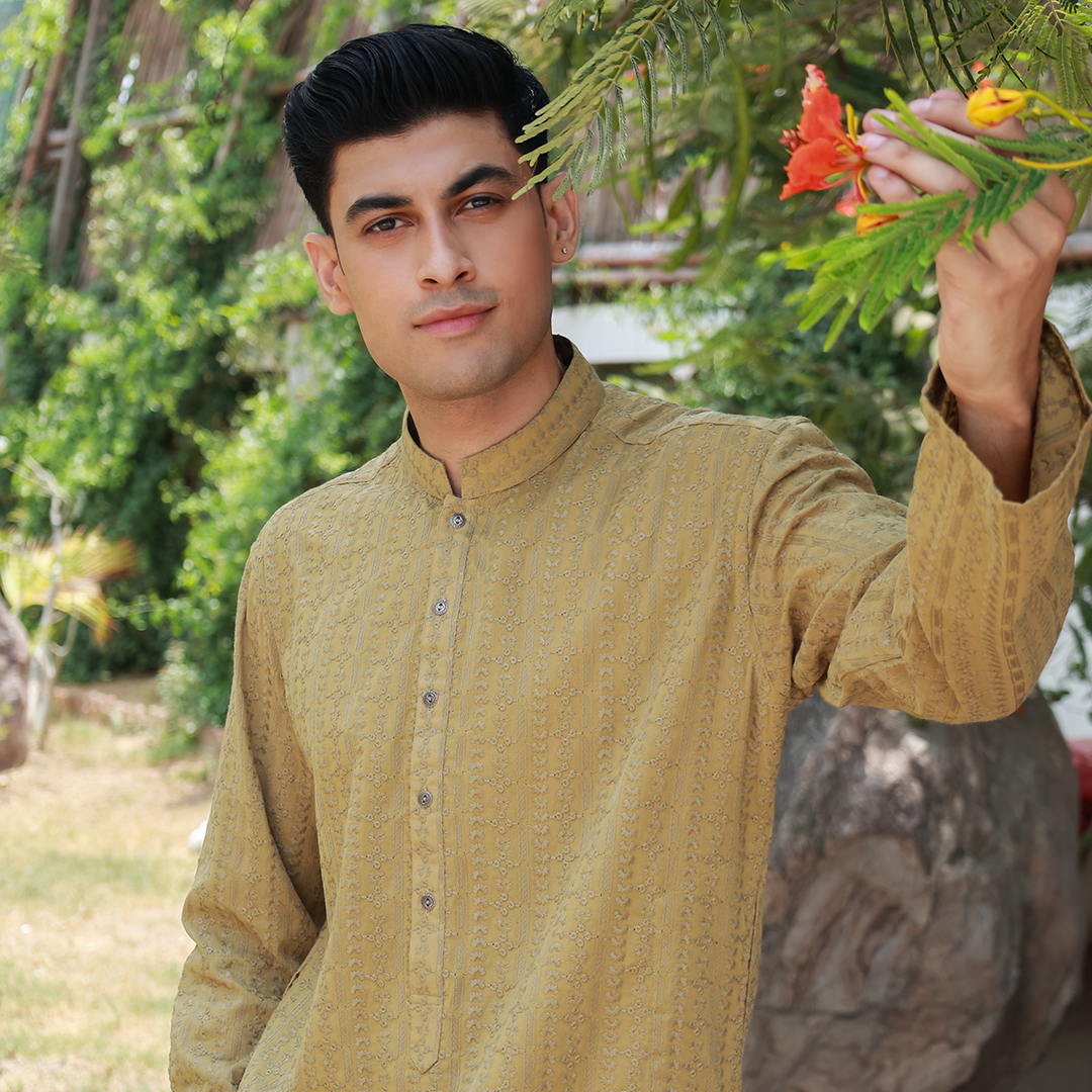 Olive Mustard Schiffli Cotton Emb Slim Fit Kurta