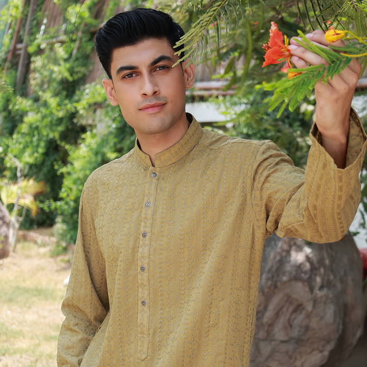 Olive Mustard Schiffli Cotton Emb Slim Fit Kurta