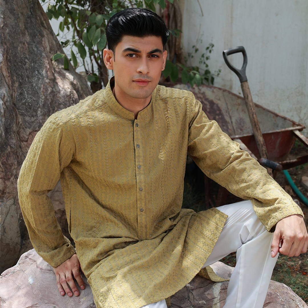 Olive Mustard Schiffli Cotton Emb Slim Fit Kurta
