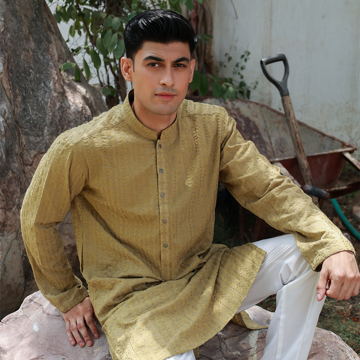 Olive Mustard Schiffli Cotton Emb Slim Fit Kurta