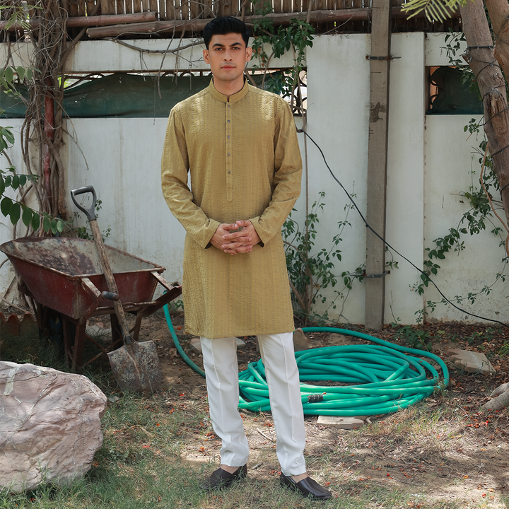 Olive Mustard Schiffli Cotton Emb Slim Fit Kurta