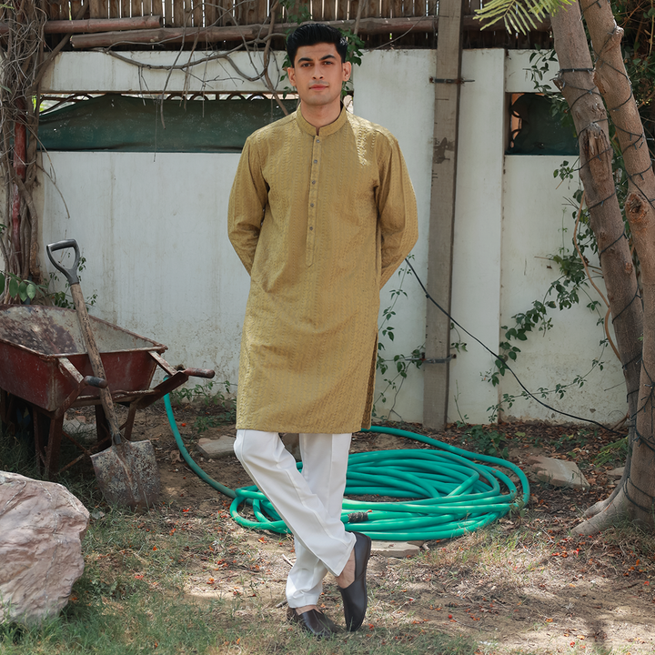 Olive Mustard Schiffli Cotton Emb Slim Fit Kurta
