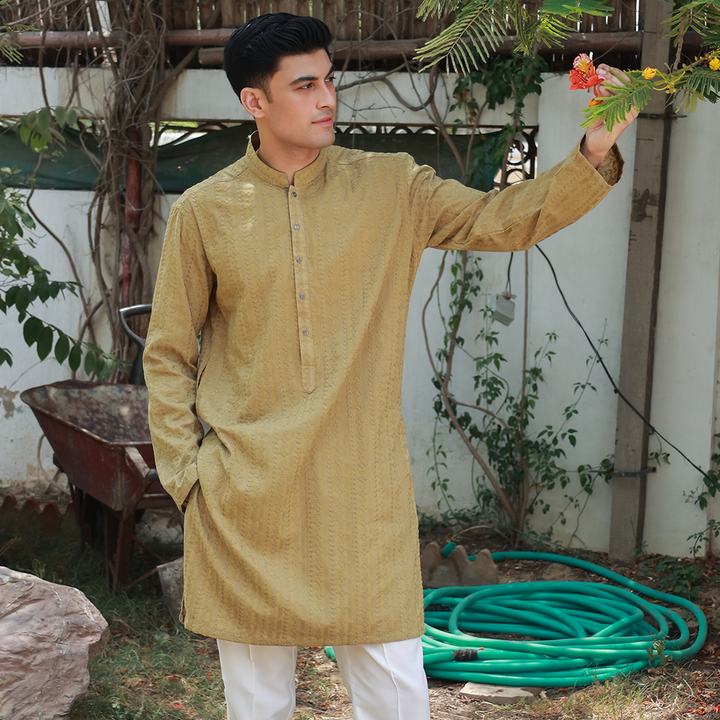 Olive Mustard Schiffli Cotton Emb Slim Fit Kurta