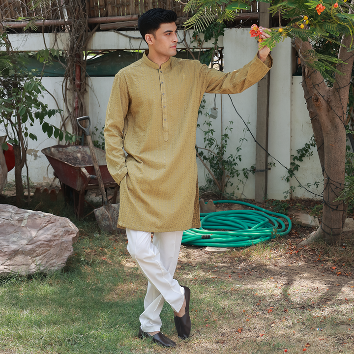 Olive Mustard Schiffli Cotton Emb Slim Fit Kurta