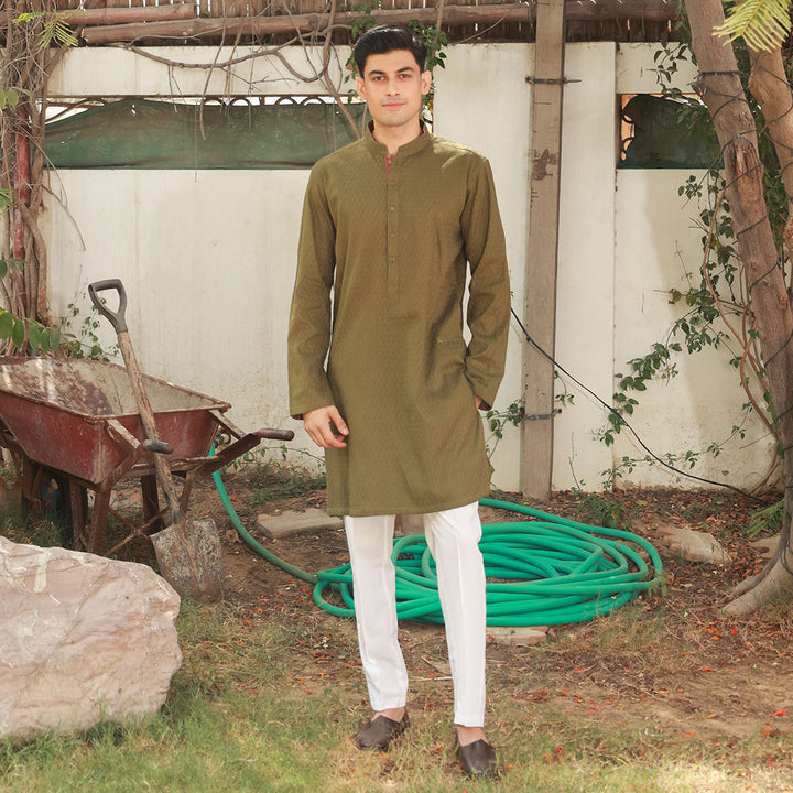 Olive Green Schiffli Cotton Slim Fit Kurta