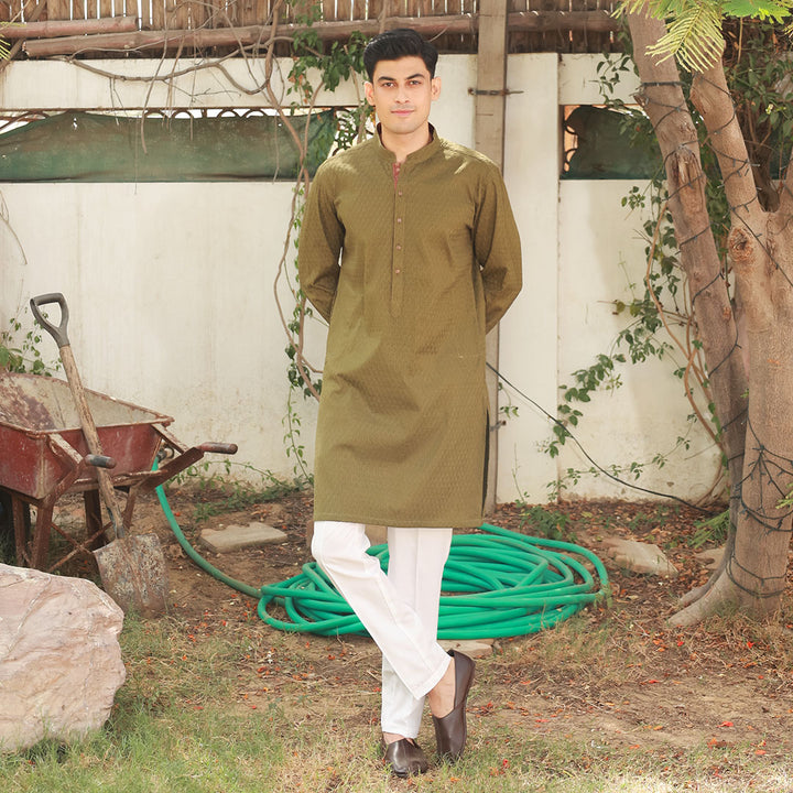 Olive Green Schiffli Cotton Slim Fit Kurta