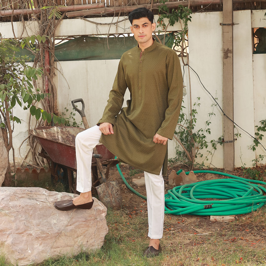 Olive Green Schiffli Cotton Slim Fit Kurta