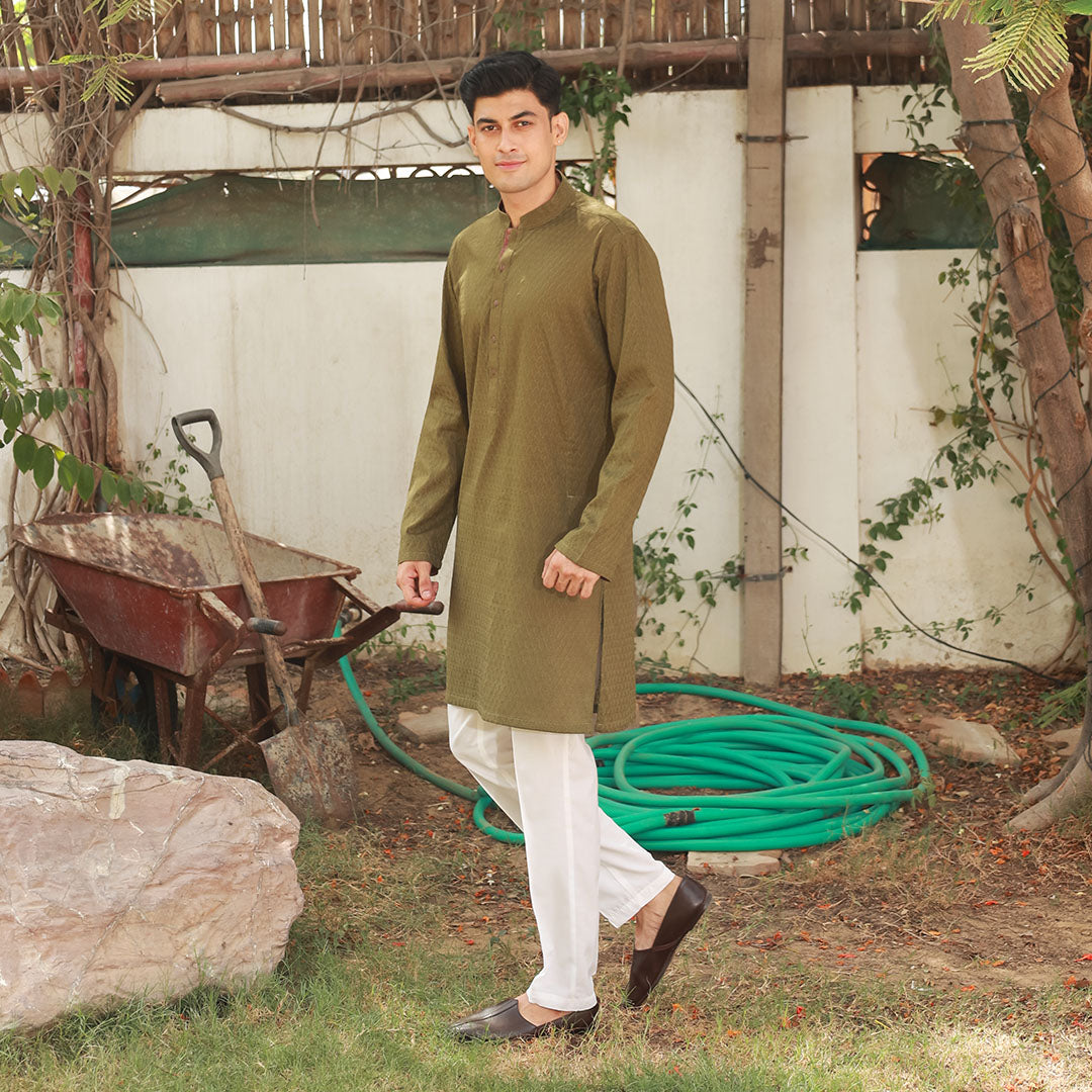 Olive Green Schiffli Cotton Slim Fit Kurta