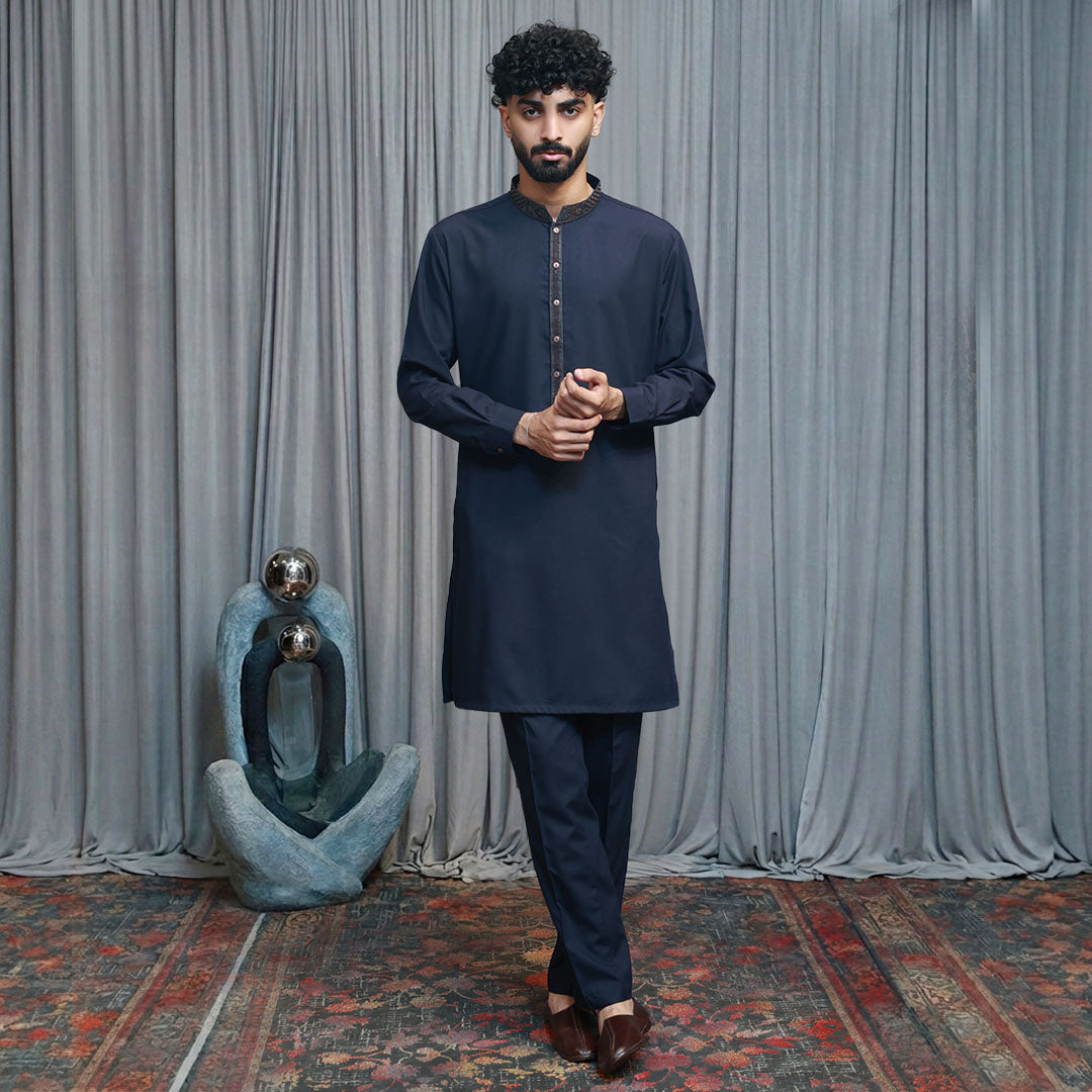 Slim Fit Emb Band Collar Suit