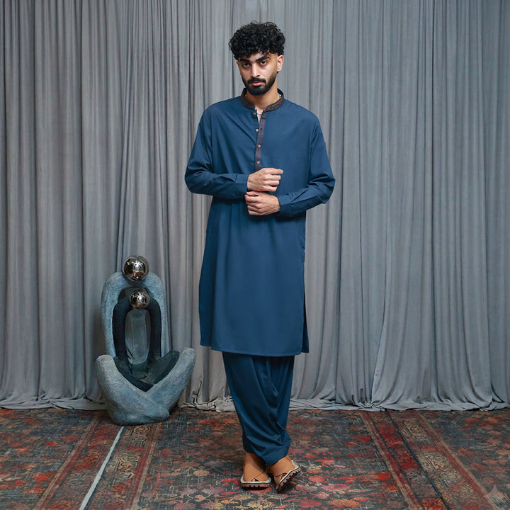 Poly Viscos Blue Wing Teal Classic Fit EMB Suit
