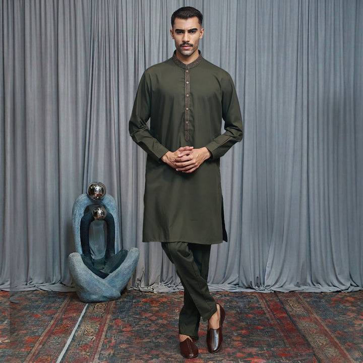 Poly Viscos Olive Green Slim Fit EMB Suit