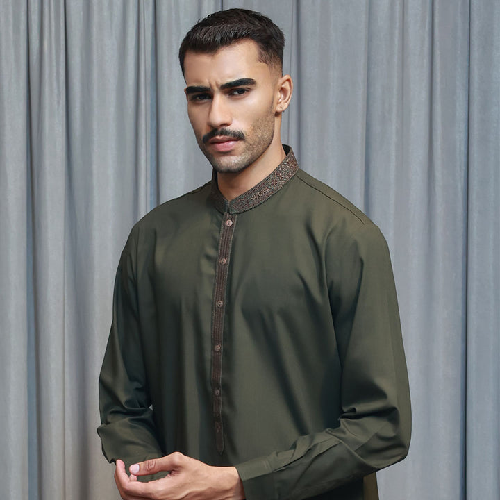 Poly Viscos Olive Green Slim Fit EMB Suit