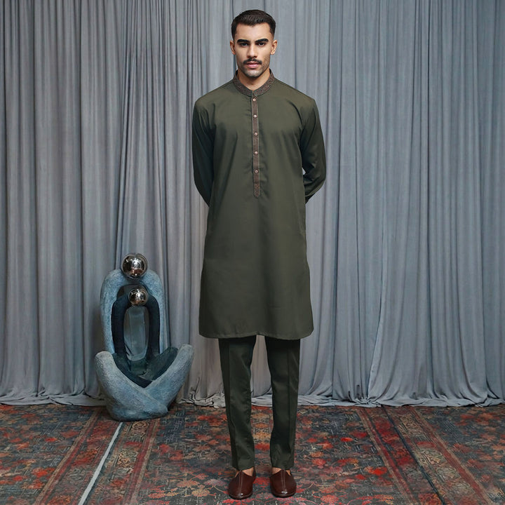Poly Viscos Olive Green Slim Fit EMB Suit