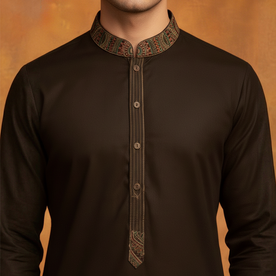 Poly Viscose Black Olive Classic Fit Embroidered Suit