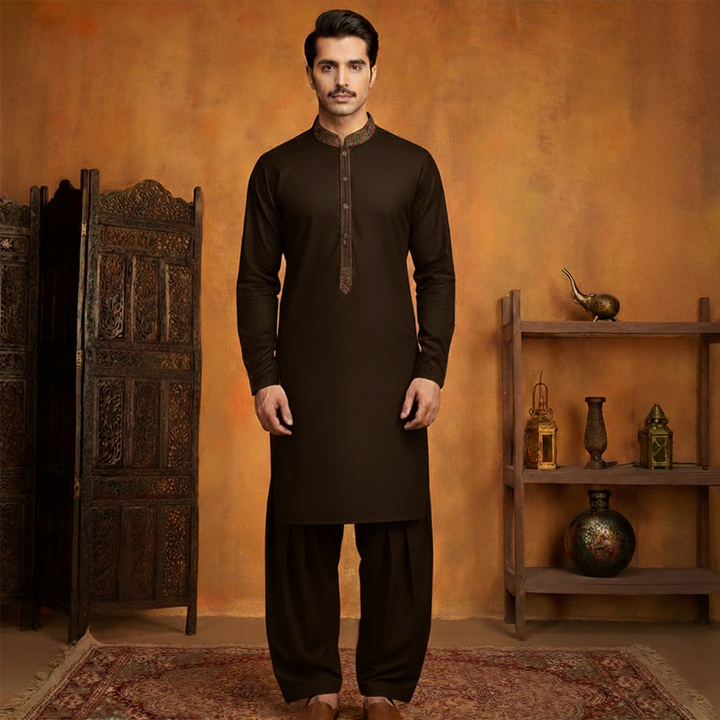 Poly Viscose Black Olive Classic Fit Embroidered Suit