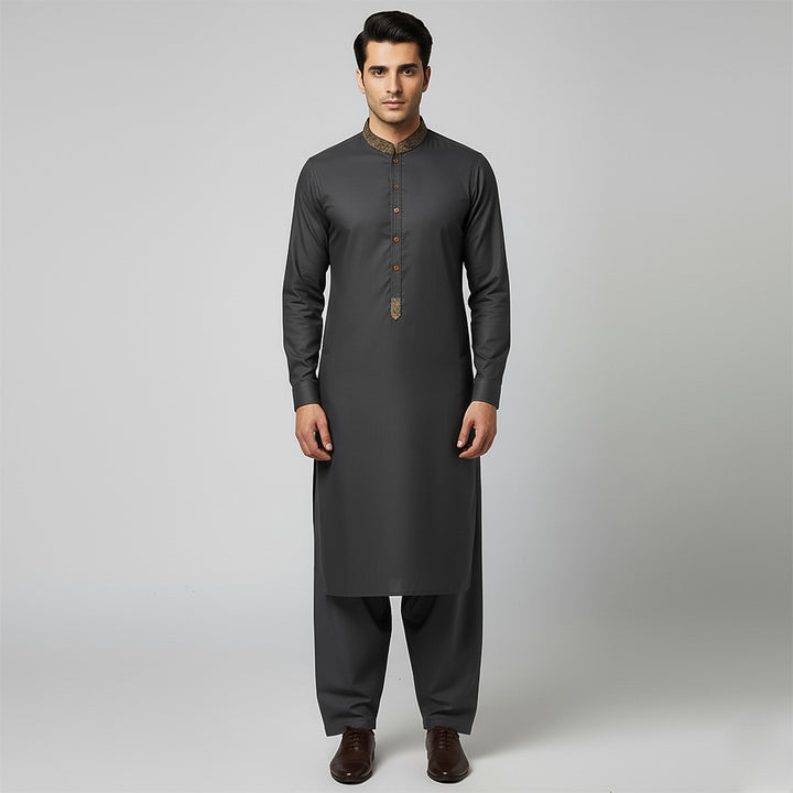 Poly Viscose Ebony Classic Fit Slightly Defected Embroidered Suit