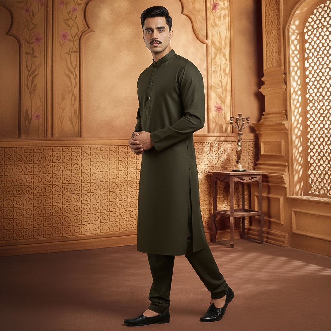 Poly Viscose Black Olive Slim Fit Suit