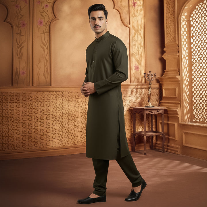 Poly Viscose Black Olive Slim Fit Suit