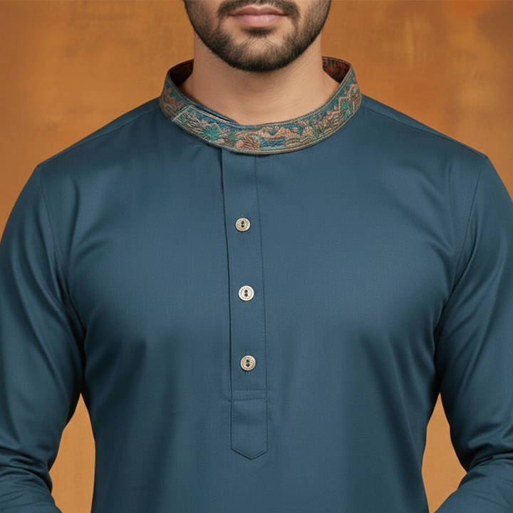 Poly Viscose Blue Wing Teal Slim Fit Embroidered Suit