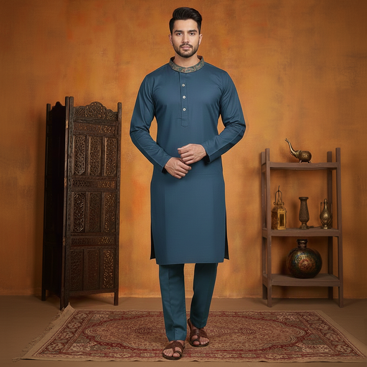 Poly Viscose Blue Wing Teal Slim Fit Embroidered Suit