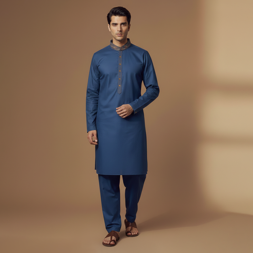 Poly Viscose Blue Wing Teal Slim Fit Embroidered Suit