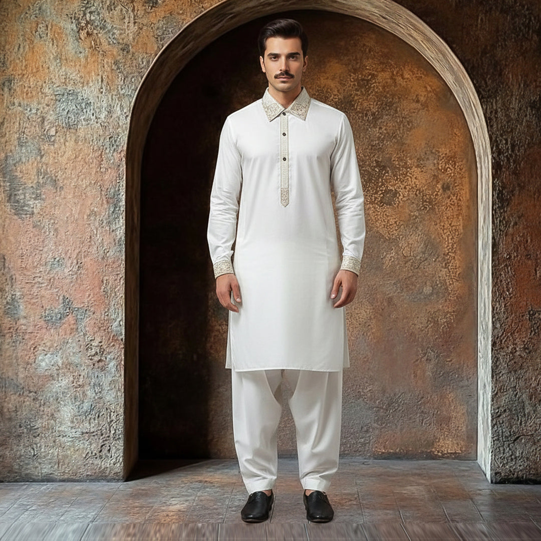 Poly Viscose Cloud Dancer Classic Fit Embroidered Suit